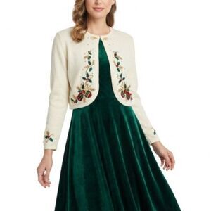 VTG 90s Star Blue Originals Ivory Christmas Cropped Open Cardigan Sweater Size L